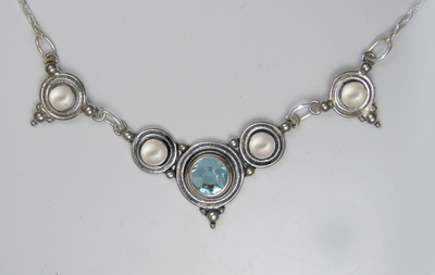 Sterling Silver Necklace With Blue Topaz And Cultured Freshwater Pearl